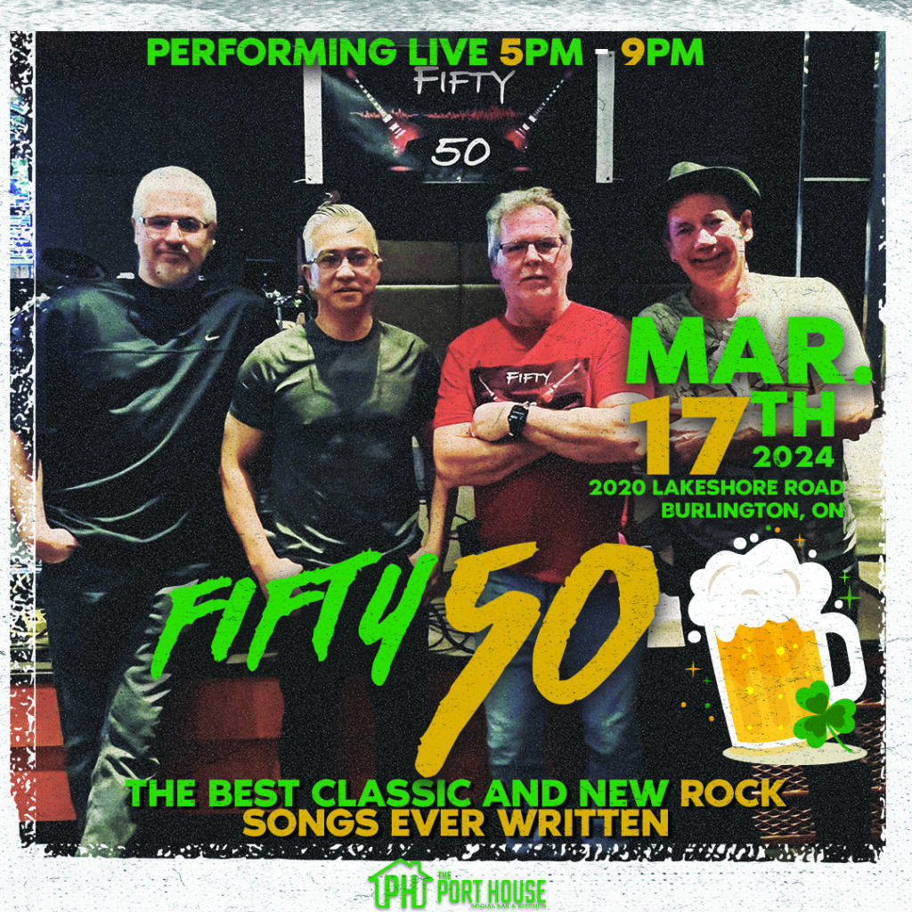 Celebrate St. Patrick's Day with a bang! Join us at The Port House Social Bar and Kitchen on March 17th for a live performance by Fifty 50. Get ready for a night of non-stop music and fun as we raise a toast to the Irish spirit!