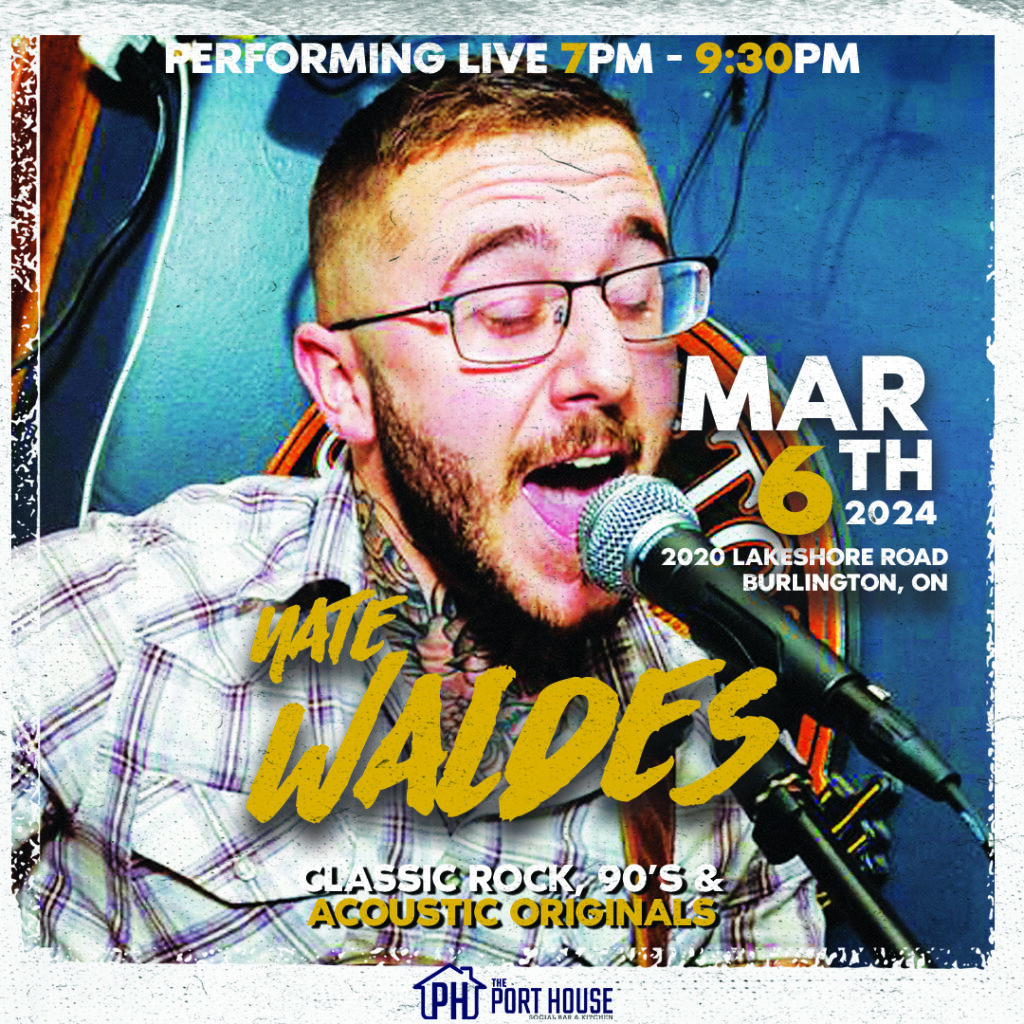 Nate Waldes serenades the audience with his soulful renditions at The Port House Social Bar and Kitchen. Join us on March 6th for an unforgettable night of live music!